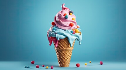 colorfull Melting ice cream cone on soft blue background in studio. Ice cream Explosion. food photography