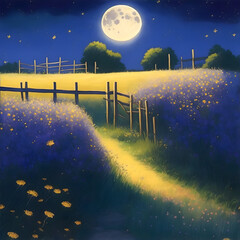 Default a painting of a field with a path and a full moon .