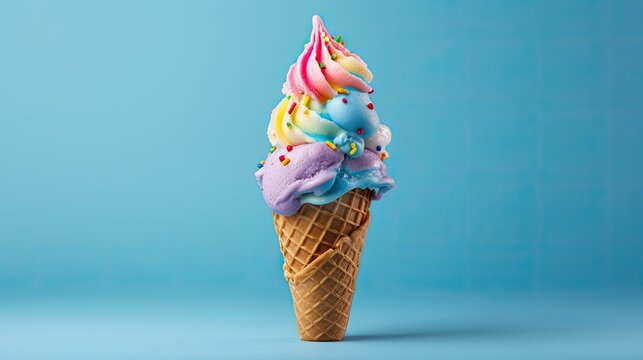 colorfull Melting ice cream cone on soft blue background in studio. Ice cream Explosion. food photography