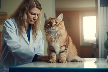 Young women veterinarian examining cat on table in veterinary clinic generative ai