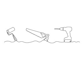 abstract set of repair tools, roller,Saw and Drill,Screwdriver Continuous One Line Drawing