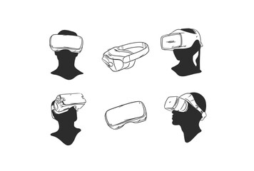 Hand drawn vector abstract graphic line art collection with virtual reality technology headset devise and human silhouette. Human in virtual reality headset outline design. Concept of virtual reality.