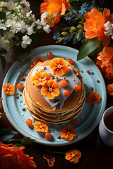 Delicious pancakes with maple syrup decorated with citrus fruits, flowers and fruits.