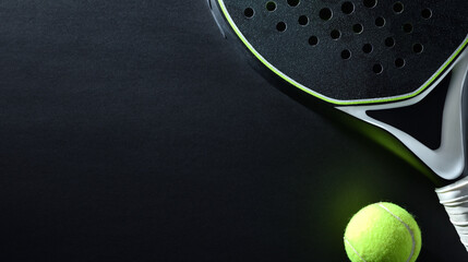 Background of black padel racket and ball on black background