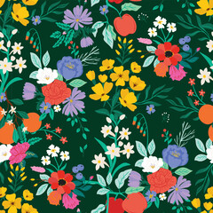 Fototapeta na wymiar PrintColorful vibrant botanical garden pattern with flowers and fruits. Spring Summer floral pattern with apples and oranges. Repeat background for fashion , fabric, textile, wallpaper, book cover etc