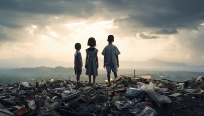 children standing in front of a garbage pit