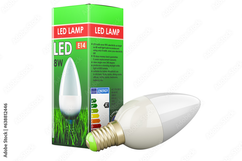 Poster energy savings led lamp with cardboard box. 3d rendering isolated on transparent background