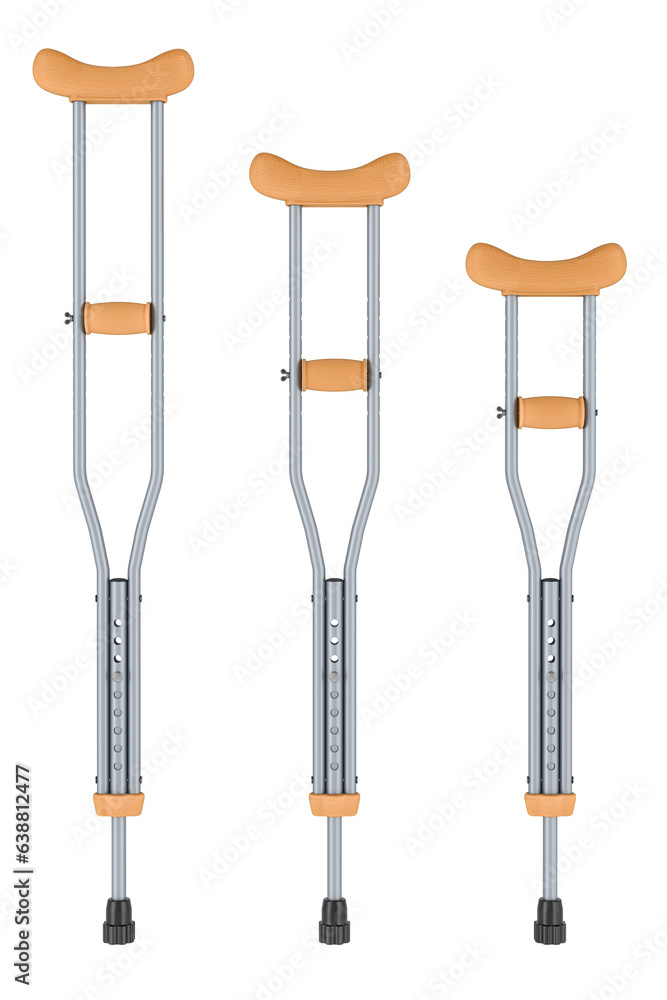 Poster lightweight underarm crutches with height adjustment, different size. 3d rendering isolated on trans