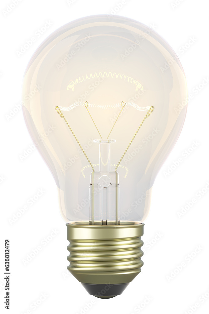 Poster glowing incandescent light bulb, 3d rendering isolated on transparent background