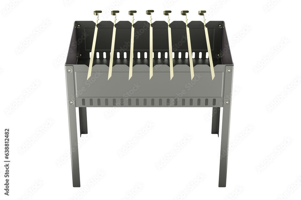 Poster mangal with skewers, closeup. 3d rendering isolated on transparent background
