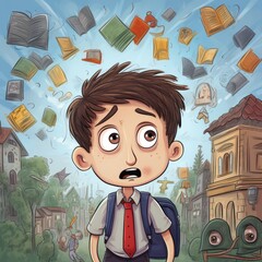 Graphic, Illustration, Cartoon Boy. Heading to School, Overwhelmed by School Responsibilities, Lost Child, Task Overload, Personality Disorders, Asperger's Autism Spectrum, books