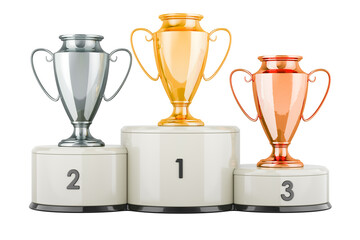 Golden, silver and bronze trophy cups on pedestal. 3D rendering isolated on transparent background