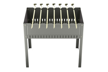 Mangal with skewers, closeup. 3D rendering isolated on transparent background