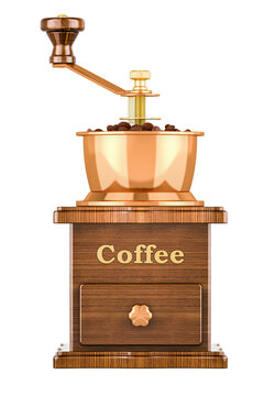 Manual Hand Crank Wooden Coffee Grinder with Drawer, 3D rendering  isolated on transparent background