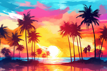 Sunset over the sea on tropical beach with palm tree and colorful sky watercolor vector Generative AI - obrazy, fototapety, plakaty