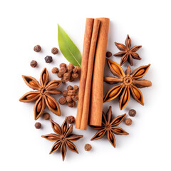 Cinnamon sticks and ground with fresh leaves on a white background. Isolated