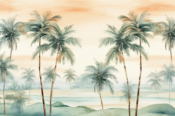 Beautiful seamless floral pattern background. Landscape with watercolor palm trees. Generative AI
