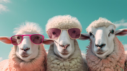Portrait of tree sheep with sunglasses and funny hairstyle on the pastel blue and pink background