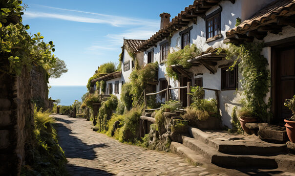 Cityscape, street with old white houses in summer.