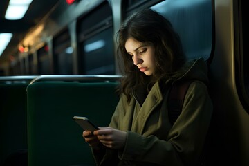 A girl on public transport is looking at her phone.
