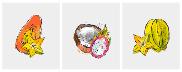 Hand drawn vector abstract freehand textured unusual tropical print or cards set collection with dragon fruit,papaya,coconut and carambola in bright colors isolated.Tropical fruits design concept.