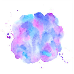 Blue, purple, lilac watercolor stains painted vector texture with splashes. Round, uneven circle shape watercolour winter background. Rounded brush stroke. Hand drawn aquarelle fill. Text frame.