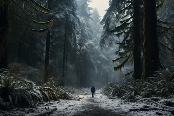 serene photo of a person walking through a snow-covered forest, surrounded by towering evergreen trees and a gentle snowfall 
