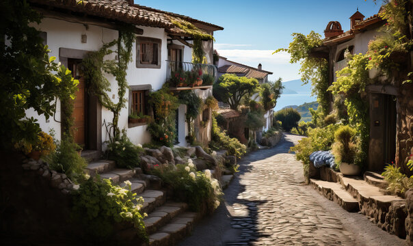 Cityscape, street with old white houses in summer.