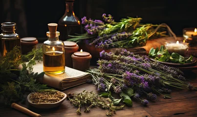 Fototapeten Aromatherapy, herbs, flowers and bottles of essential oil on a wooden background. © Andreas