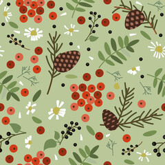 Vector seamless summer nature pattern with leaves, berries and plants. - 638813826