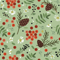 Vector seamless summer nature pattern with leaves, berries and plants. - 638813828