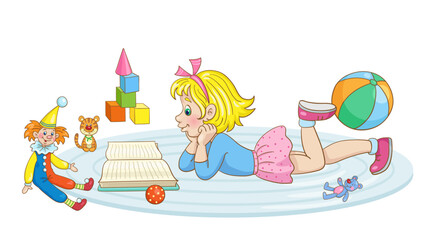 Cute little girl is reading lying on the carpet surrounded by toys. In cartoon style. Isolated on white background. Vector illustration