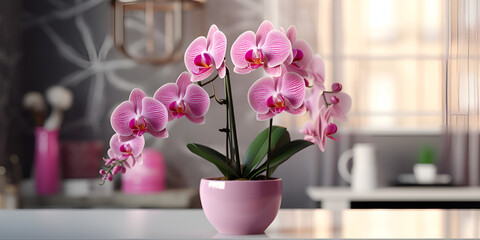 Pink flower and leaves of the phalaenopsis orchid in a flower pot on the windowsill in the house