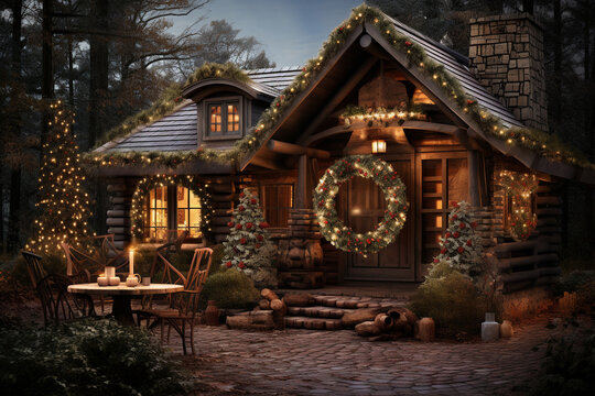 inviting photo of a rustic cabin adorned with Christmas lights and wreaths, inviting viewers to imagine a cozy holiday retreat 