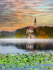 Lake Bled Slovenia. Beautiful mountain lake with small Pilgrimage Church. Most famous Slovenian...