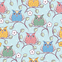 Owl Seamless Pattern. Animal Vector Background of Predator Birds Stylized for Kids Clothes.