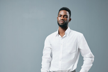 shirt man studio copy young american smile standing white african hand happy space