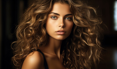 Naklejka premium Stunning Beauty: Close-Up Portrait of a Woman with Long Curly Hair