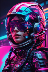 Cyberpunk Girl Astronaut on Abstract Bright Background