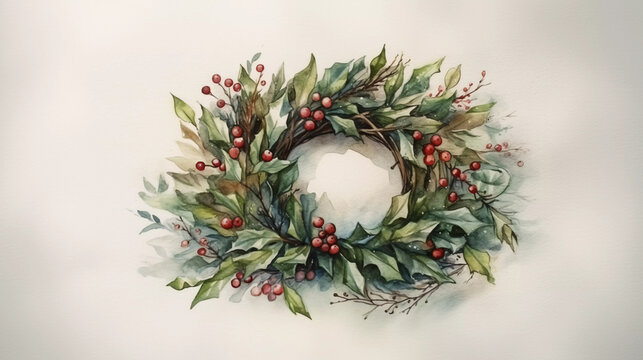 Watercolor hand-drawn illustration Aquarell chritsmas winter season wreath ring flowers leaves redd greedn AI 