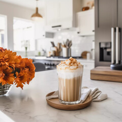 Glass cup with tasty pumpkin spice latte in a modern kitchen autumn Seasonal AI 