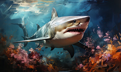 Obraz premium Underwater world, close-up shark swims at depth.