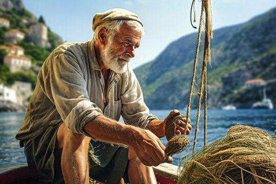 A gray-haired old man in a fishing boat sorts out nets for catching fish. An old seigneur fisherman in the bay catches fish. Fishing industry.