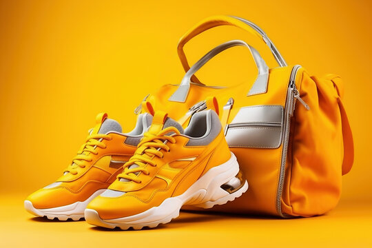 Sports women's bag and shoes. Fashionable women's things and accessories. Stylish women's bag, sneakers or sneakers for a modern young girl on a yellow background.
