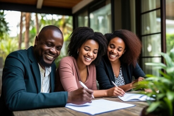 The African American family enters into a lease or purchase agreement for real estate. Business meeting when renting and buying a house, apartment. Mortgage. Affordable housing.