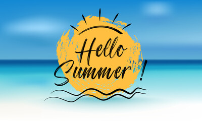 Sea background with lettering Hello summer. Seascape with doodle sun.