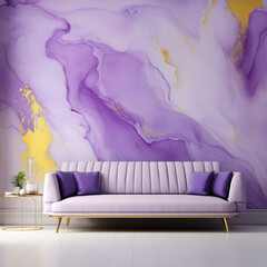 lilac sofa in a room with marble wallpaper
