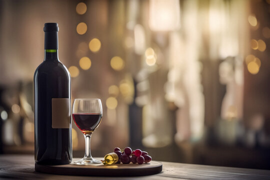 Still life bolttiglia di vino con bicchiere e uva su sfondo sfumato