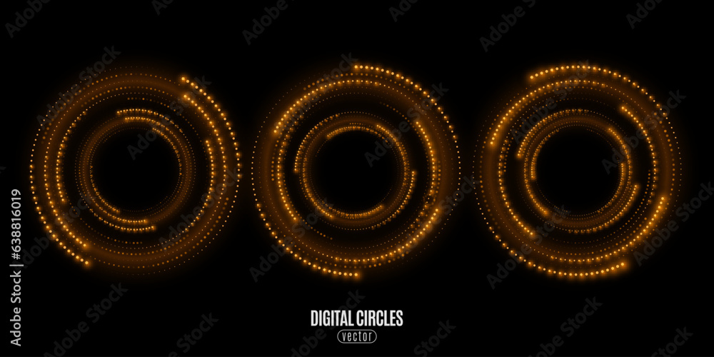 Poster set of digital circles with glowing dots. big data visualization into cyberspace. swirl energy rings