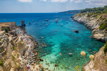 The amazing bay of Porto Miggiano, in Santa Cesarea Terme, resort of Salento, Puglia, Italy. Full...